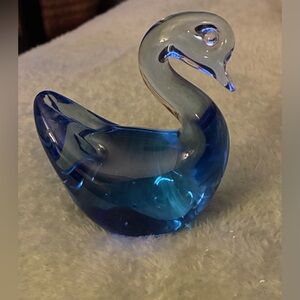 Vintage Art Glass Hand Blown Blue Swan Figurine Paperweight 3” X 3.25”